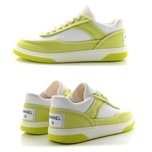 CHANEL 2021 Interlocking CC Logo Sneakers, White / Yellow, Size 10B, Retail $900 - Picture 1 of 5